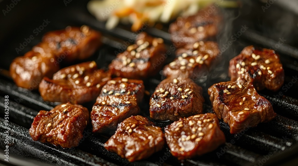 Close-up of marinated Bulgogi beef sizzling on a grill, text background with cooking tips Close-up of marinated Bulgogi beef sizzling on a grill, text background with cooking tips
