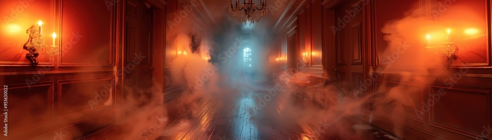 Naklejka premium An eerie corridor illuminated by flickering candles, shrouded in mist. Perfect for horror themes or mysterious atmospheres.