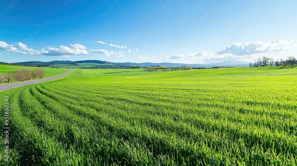 Naklejka premium green grass outdoor field landscape with roadway