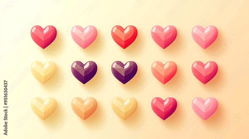Fototapeta premium Variety of Vibrant Heart Icons Representing Digital Affection and Connection on Pastel Yellow Background - Vector Graphic Design