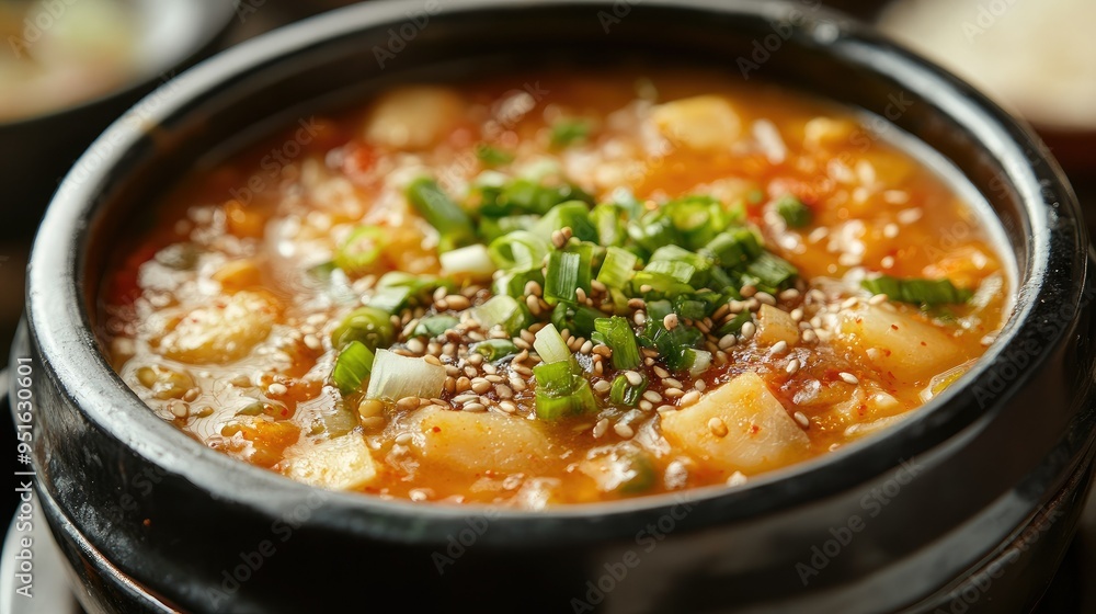 Close-up of traditional Korean soybean paste soup, text background on fermentation benefits Close-up of traditional Korean soybean paste soup, text background on fermentation benefits