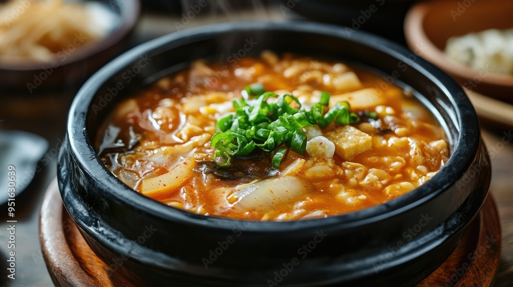Close-up of traditional Korean soybean paste soup, text background on fermentation benefits Close-up of traditional Korean soybean paste soup, text background on fermentation benefits
