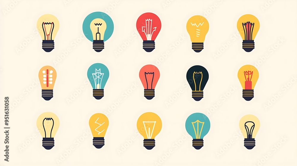 Illuminating Creativity - Vibrant Vector Lightbulb Icons in Various Styles Symbolizing Ideas in the Digital Age on White and Soft Yellow Background Illuminating Creativity - Vibrant Vector Lightbulb Icons in Various Styles Symbolizing Ideas in the Digital Age on White and Soft Yellow Background