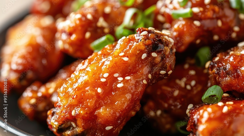Crispy Korean chicken wings, close-up, with text background on popular appetizers Crispy Korean chicken wings, close-up, with text background on popular appetizers