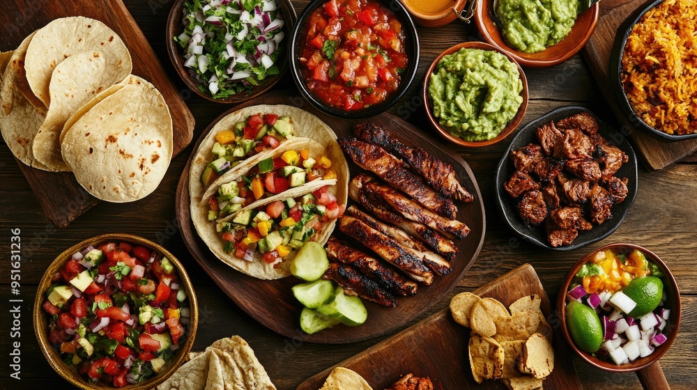 Top view of a taco spread with various fillings like grilled chicken, beef, and vegetables, served with salsa and guacamole Top view of a taco spread with various fillings like grilled chicken, beef, and vegetables, served with salsa and guacamole