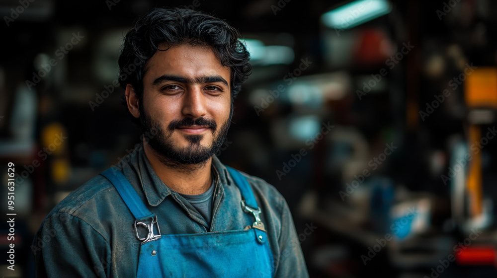Smiling mechanic poses confidently at a busy workshop, showcasing tools and equipment during daylight hours