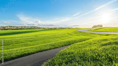 green grass outdoor field landscape with roadway