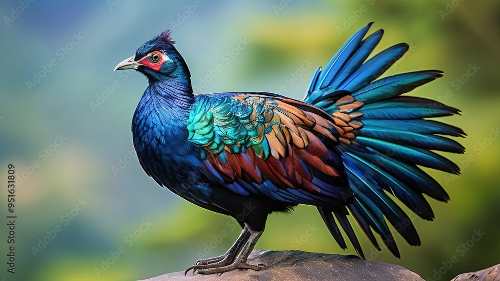 Obraz premium A vibrant blue and green pheasant stands on a rock with its tail feathers spread out.