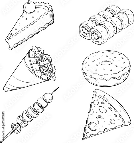 Donut, slice of pizza, slice of apple pie, kebab on skewer, pita kebab. Vector set of hand-drawn outline on transparent background