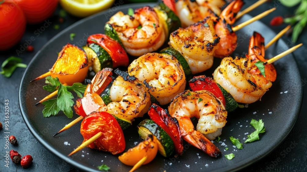 Grilled shrimp skewers with vegetables, high-protein seafood dish, served on a plate Grilled shrimp skewers with vegetables, high-protein seafood dish, served on a plate