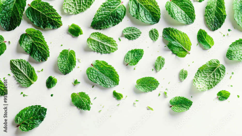 Various falling fresh ripe Mint leaves on light white background, horizontal composition Various falling fresh ripe Mint leaves on light white background, horizontal composition