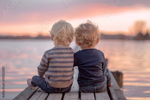 Two blonde little boys sitting together on jetty with pink sky at sunset, Generative AI photo