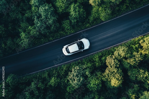 Top view of a white electric car driving dark green forest road, which is an elevated road that surrounds natural forest. with generative ai