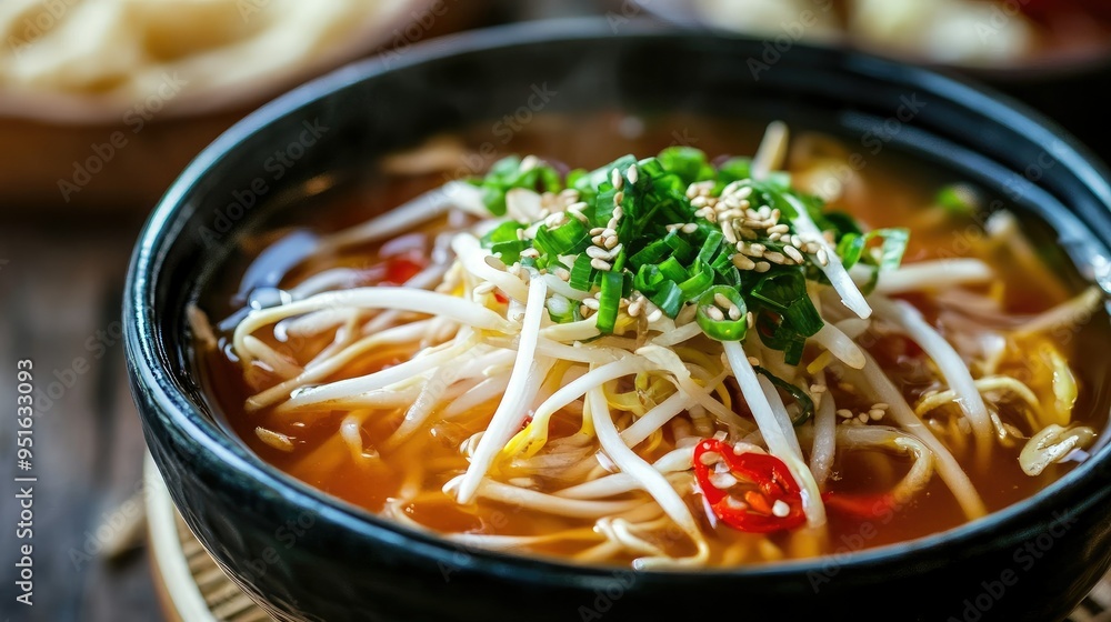 Korean Hangover Soup with bean sprouts, close-up, with text background on post-party remedies Korean Hangover Soup with bean sprouts, close-up, with text background on post-party remedies