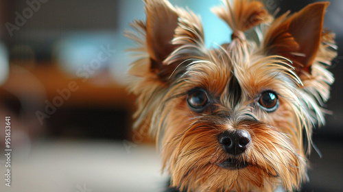 A close-up shot of a Yorkie with a tiny bow in its hair, showcasing its cute nose and whiskers.