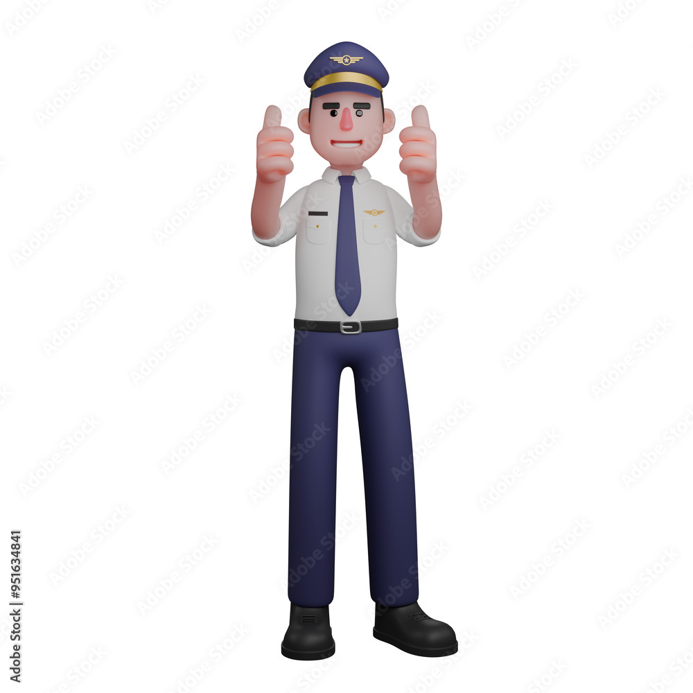 Male Pilot 3D Model. A pilot is standing with both thumbs raised upwards. Aviation Environment