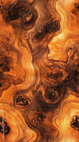 Close-up view of a polished wooden texture with intricate grain patterns in warm brown and orange tones, suitable for background or design projects.