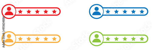 Five stars customer product rating system. Rating stars widget. Feedback or Rating. 5 star rating icons. Vector illustration isolated on white background.