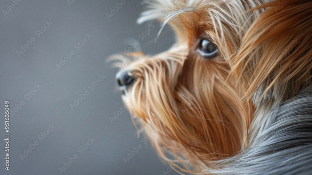 Naklejka premium Close-up of a Yorkieâs tail wagging, with the fur moving and catching the light.