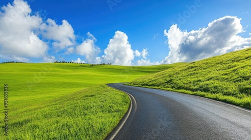 green grass outdoor field landscape with roadway