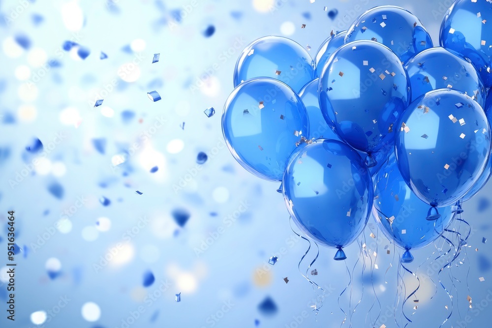 Wallpaper with lots of 3d blue realistic glossy balloons and confetti on blurred background with blank space for greeting text. with generative ai