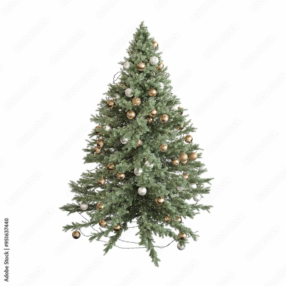 Christmas tree with decorations, isolated on white background, 3D illustration, cg render Christmas tree with decorations, isolated on white background, 3D illustration, cg render