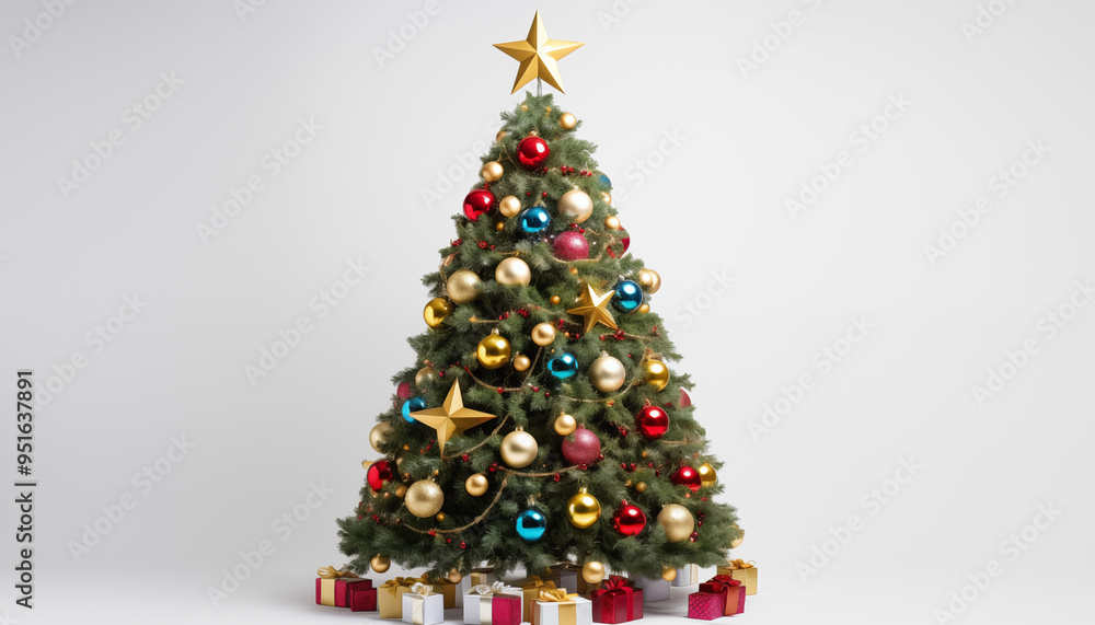 Fototapeta premium Colorful Christmas Tree with Star Topper and Gifts