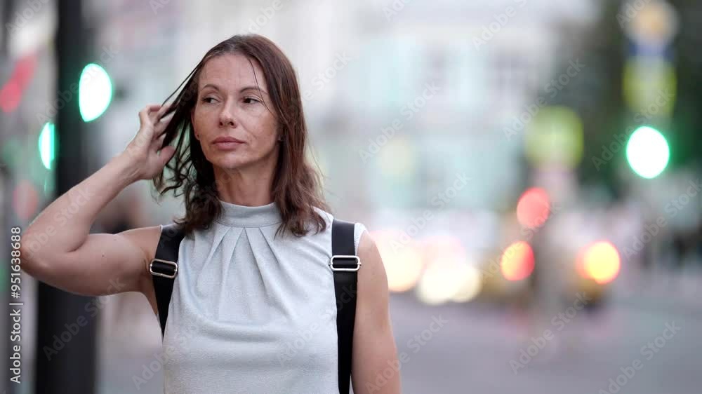 A stylish woman with short brown hair walks down a city street. She is wearing a light-colored tank top, a backpack on her shoulders, and her eyes are hidden behind sunglasses. A stylish woman with short brown hair walks down a city street. She is wearing a light-colored tank top, a backpack on her shoulders, and her eyes are hidden behind sunglasses.