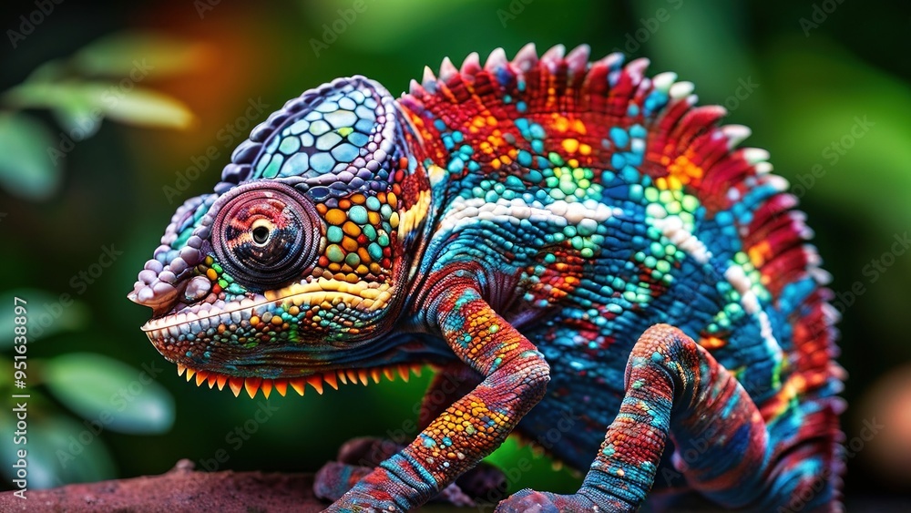 Obraz premium A vibrant, colorful chameleon perched on a branch in a lush green environment, showcasing its unique camouflage abilities.