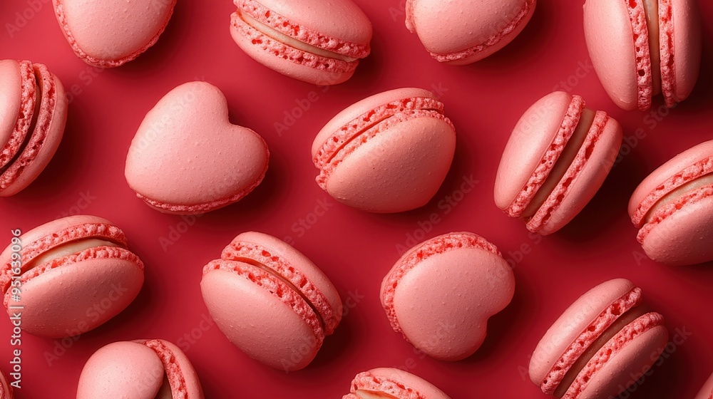 Fototapeta premium French sweet Strawberry Pink heart macaroons isolated on red background. Pastry shop card with copy spacefrench macaroons,Paris Pastry,bakery and branding valentine couple concept,copy space.