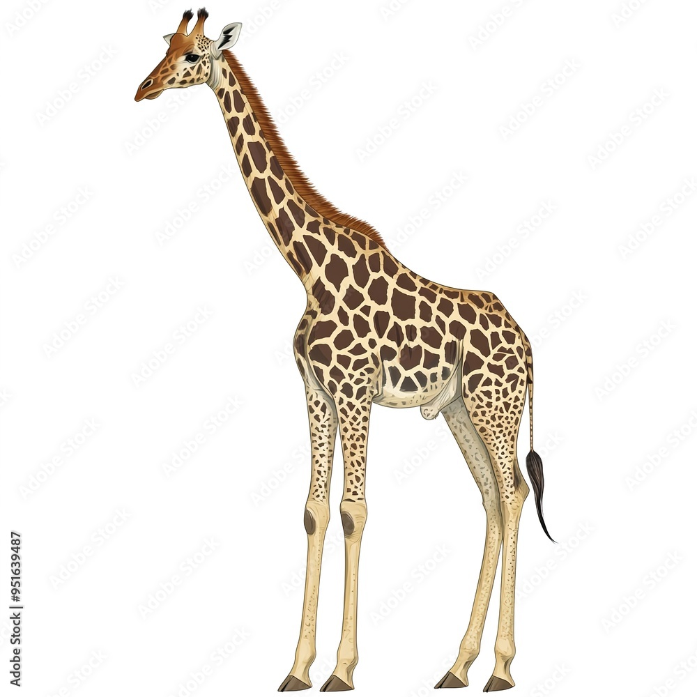 Fototapeta premium Tall Giraffe with a Long Neck and Distinctive Spots All Over, Showcasing the Graceful and Unique Features of This Majestic Animal. Ideal for Wildlife Depictions and Nature Illustrations.