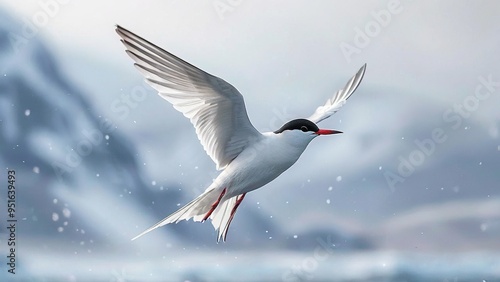 A white Arctic Tern with a black cap and red beak flies over a snowy mountain range and a choppy sea.