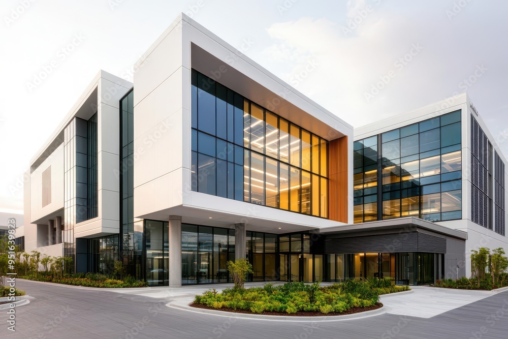 Fototapeta premium Modern hospital building with an expansive glass facade, integrated solar panels, and a landscaped front area, blending technology with nature