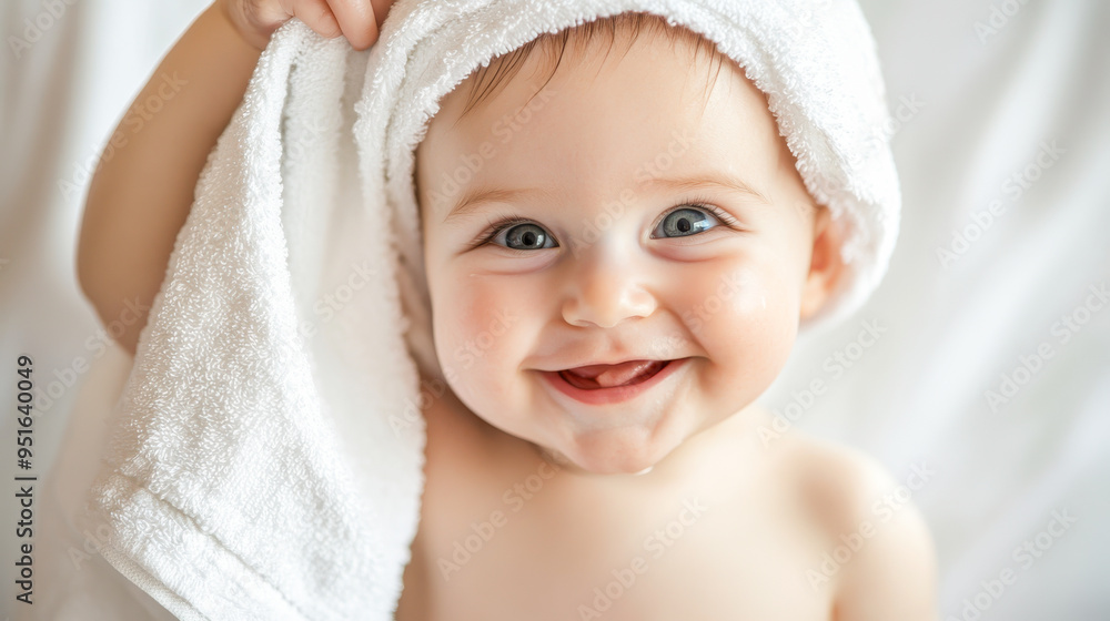 Smiling newborn wrapped in a fluffy towel after bath time, their adorable features shining with innocence. Smiling newborn wrapped in a fluffy towel after bath time, their adorable features shining with innocence.