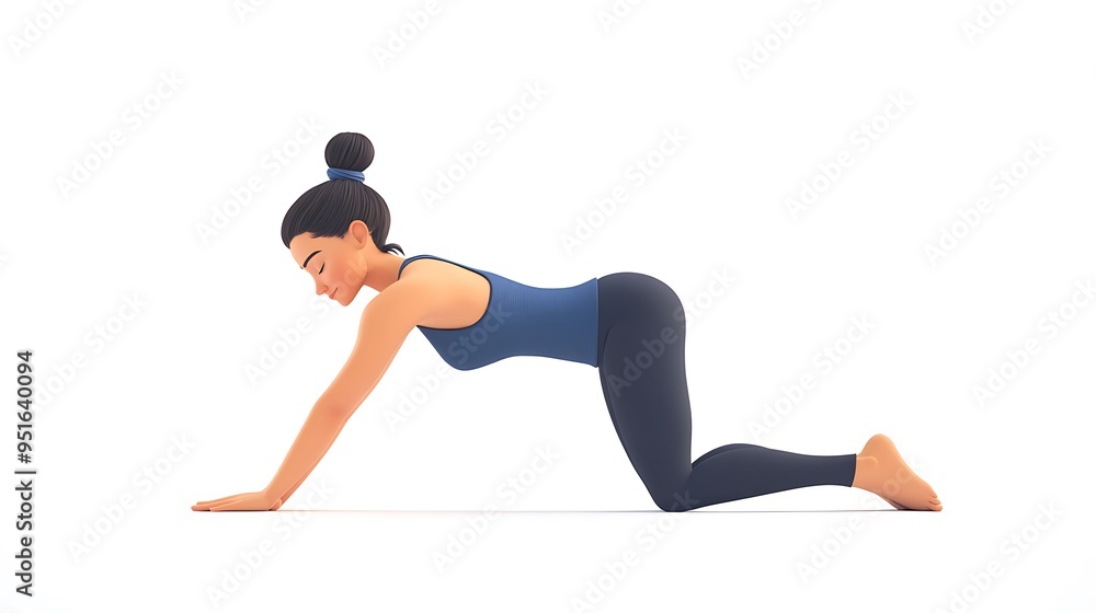 Serene 3D Cartoon Woman Practicing Yoga in Downward Dog Pose on White Background Serene 3D Cartoon Woman Practicing Yoga in Downward Dog Pose on White Background