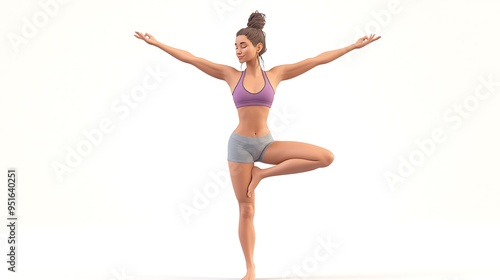 3D Cartoon Woman Practicing Yoga in Tree Pose with Purple Sports Bra and Grey Shorts on White Background