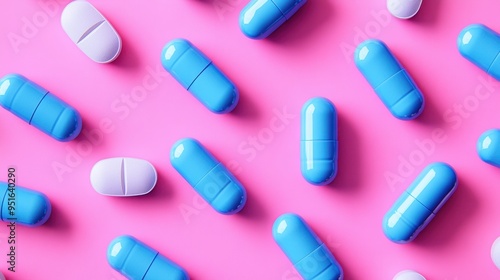 Blue capsules on pink background,Medicines to combat the epidemic and viruses,tablet grid,Drug, tablet, pills,Global healthcare concept. Antibiotics drug resistance,Pharmaceutical industry.