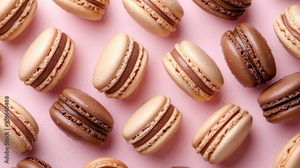 Chocolate and vanilla macaroons on pink background,French macaron cookies baked pattern,french macaroons,Paris Pastry,bakery and branding concept,Delicious french desserts,copy space. Chocolate and vanilla macaroons on pink background,French macaron cookies baked pattern,french macaroons,Paris Pastry,bakery and branding concept,Delicious french desserts,copy space.
