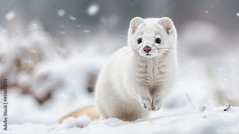 A white weasel with a long tail stands in the snow with its paws in the air, a few snowflakes are falling around it. A white weasel with a long tail stands in the snow with its paws in the air, a few snowflakes are falling around it.