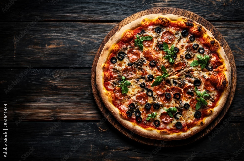 Delicious Pepperoni Pizza with Olives and Basil Delicious Pepperoni Pizza with Olives and Basil