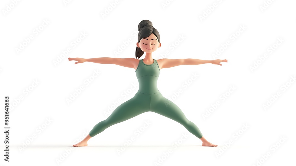 Obraz premium Serene 3D Cartoon Woman in Green Yoga Attire Performing Reverse Warrior Pose with Extended Arms on White Background