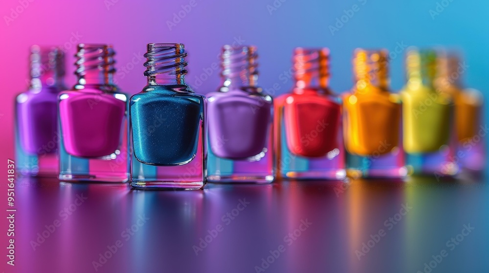 Colorful Nail Polish Bottles on Purple and Blue Gradient Background Colorful Nail Polish Bottles on Purple and Blue Gradient Background