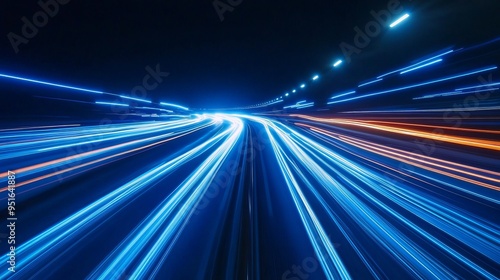 City Road Car Light Trails: Blue Light Ray Stripes Illustrating Speed Motion Background 