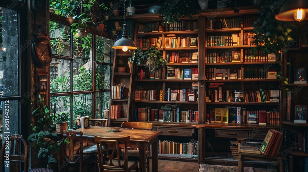 07231249 185. Eclectic collection of books on a wooden bookcase, highlighted by ambient lamp lighting, set against the charming backdrop of a cozy cafe 07231249 185. Eclectic collection of books on a wooden bookcase, highlighted by ambient lamp lighting, set against the charming backdrop of a cozy cafe