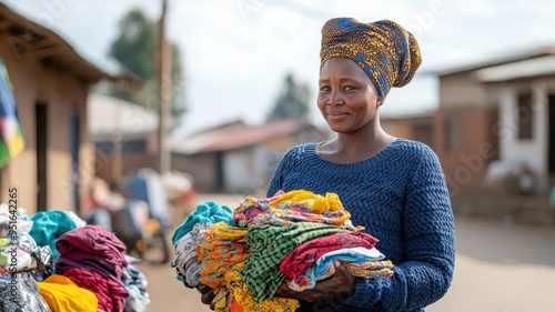 African women distributing clothing and supplies at a local outreach event, showcasing community spirit and generosity. photo