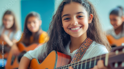 Wallpaper Mural Smiling girls playing guitar, learning musical instrument together generated by AI Torontodigital.ca