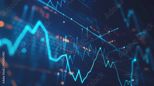 Abstract Financial Chart with Glowing Lines and Upward Arrows on a Dark Blue Background, Symbolizing Rising Market Trends and Business Growth in a Modern Expressionist Style