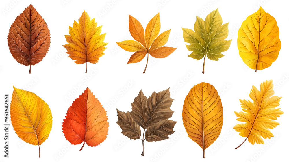 illustration, autumn leaves isolated on transparent background. Tree leaves of different shapes and colors, autumn design element for poster, postcard, children’s book or school education theme illustration, autumn leaves isolated on transparent background. Tree leaves of different shapes and colors, autumn design element for poster, postcard, children’s book or school education theme