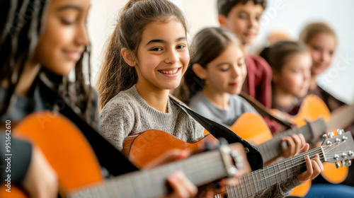 Wallpaper Mural Smiling girls playing guitar, learning musical instrument together generated by AI Torontodigital.ca