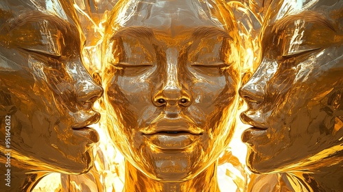 Three golden faces radiate light and beauty in a surreal artistic display